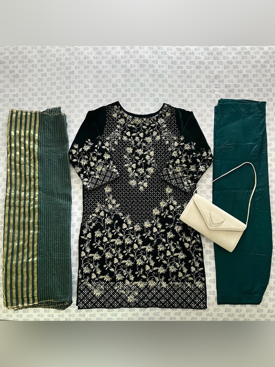 Salwar Kameez Dresses & Skirts - NEW Velvet Floral Embroidered Salwar Kameez With Sequin Embellishments